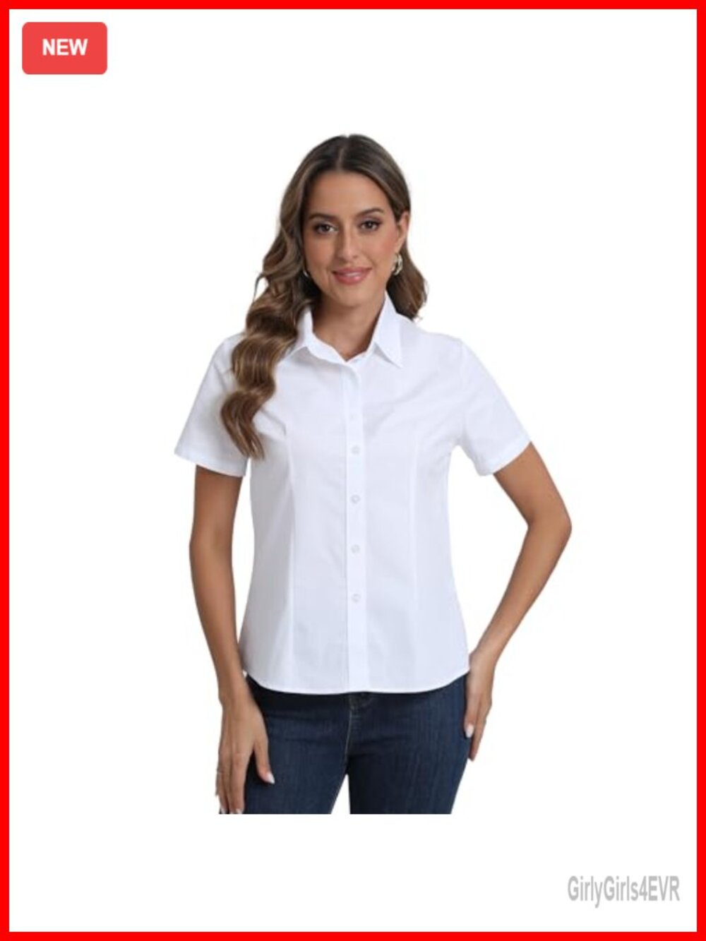 Women's Button Down Shirt Short Sleeve Slim Fit Wrinkle Free Office Blouse